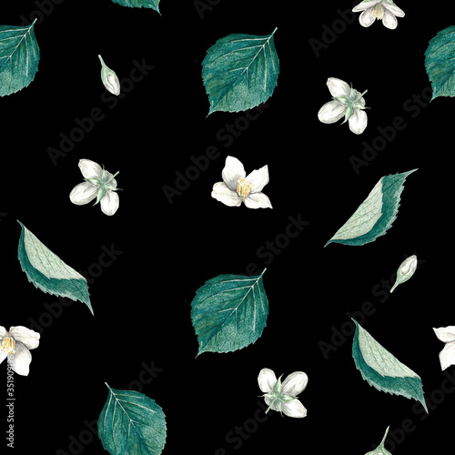 Seamless black background of buds, jasmine flowers and leaves. Watercolor by hand. Suitable for paper, fabric and postcards. © Happy_KrisMax