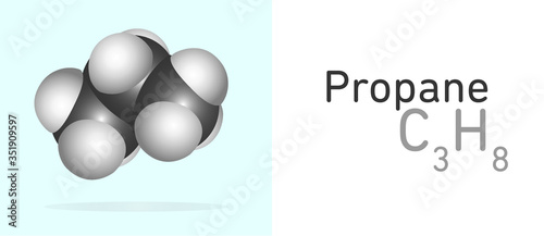 Propane (C3H8) fuel molecule. Space filling model. Structural Chemical Formula and Molecule Model. Chemistry Education