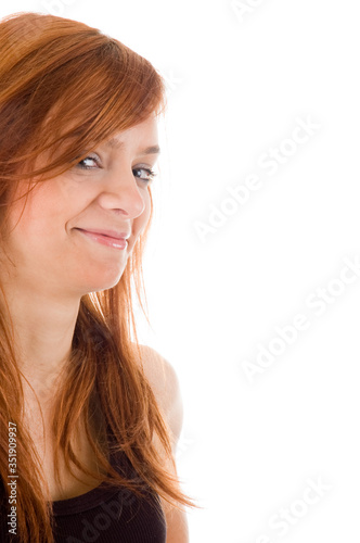 young redhead girl and white background