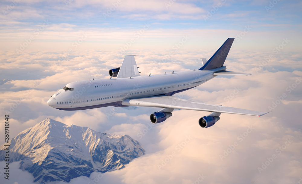 Passenger aircraft flying above the clouds. - obrazy, fototapety, plakaty 
