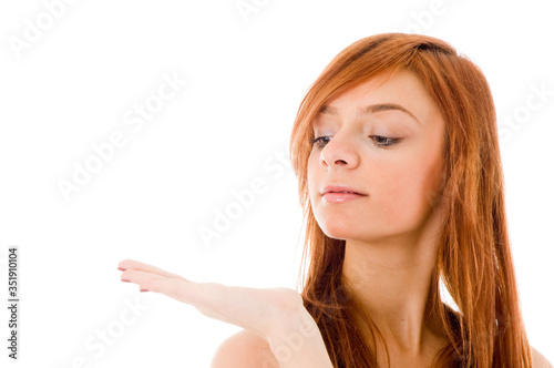 young redhead girl and white background