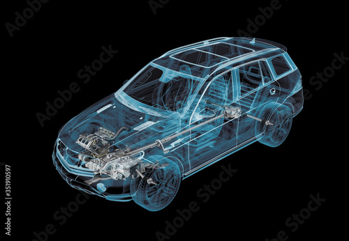 Technical 3d illustration of SUV car with x-ray effect and powertrain system. photo