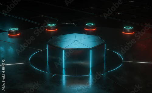 Futuristic Sci-fi Podium, Empty Showcase In Spacehip, Blue Glowing Neon Light Podium, Scifi Abstract Podium, Technology Mockup Podium, 3d Rendering
 photo