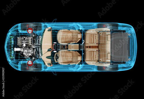Technical 3d illustration of SUV car with x-ray effect. Top view. Engine, wheels and interiors. On white background.