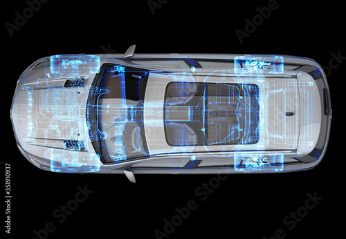 Technical 3d illustration of SUV car with x-ray effect. Top view.