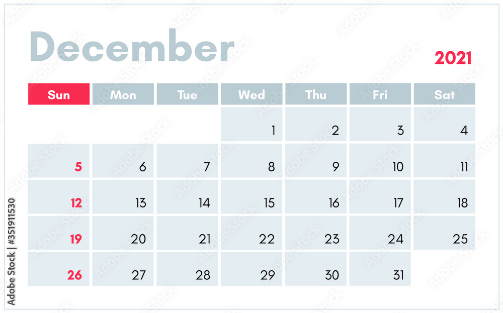 December 2021 calendar in english. Vector illustration for print and ...