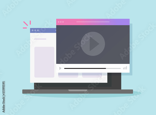 Video content watching online on internet web browser on laptop computer vector flat cartoon illustration, idea of digital learning or study, pc film or movie watching modern image icon isolated