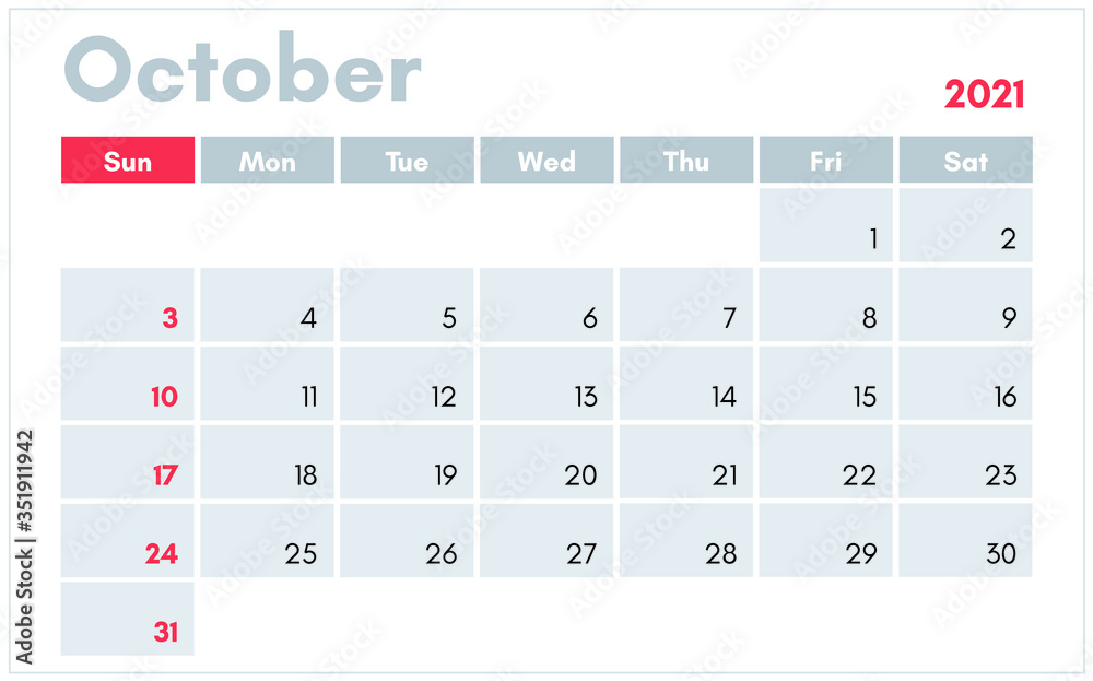 October 2021 calendar in english. Vector illustration for print and