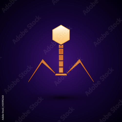 Gold Bacteria bacteriophage icon isolated on black background. Bacterial infection sign. Microscopic germ cause diseases concept. Vector