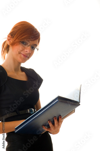 Happy young business woman with white background