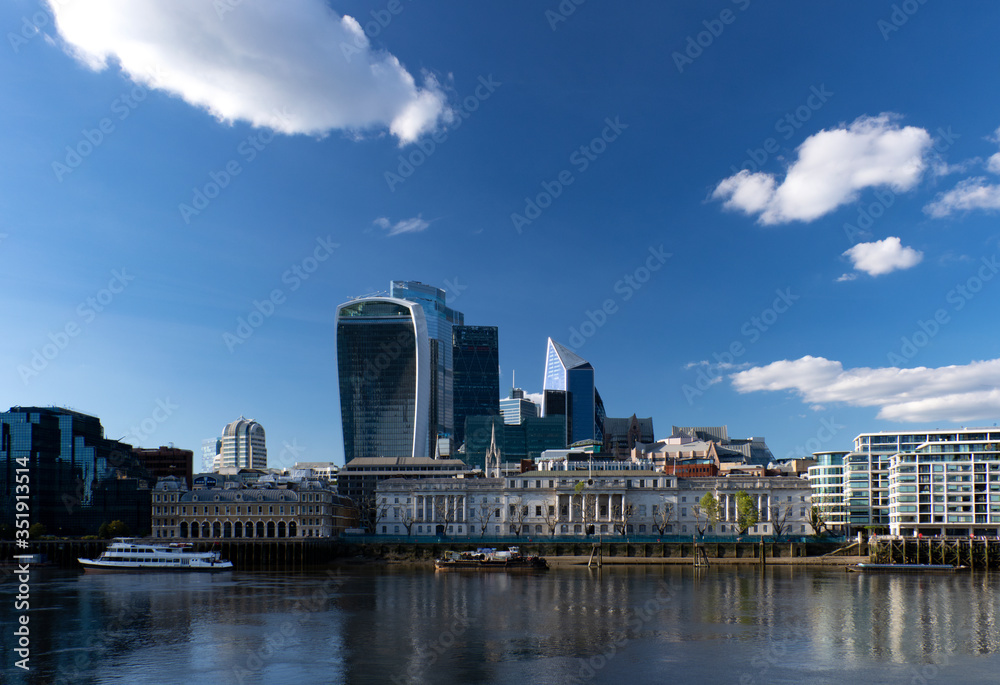 A view of a central London financial district with modern architecture on a bright sunny day, United Kingdom.