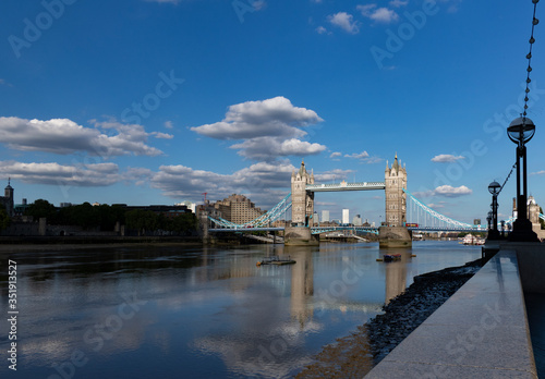 A beautiful view of Tower Bridge and river Thames on a sunny day as seen from Southwark  London  United Kingdom.