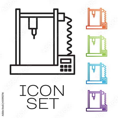 Black line 3D printer icon isolated on white background. Set icons colorful. Vector