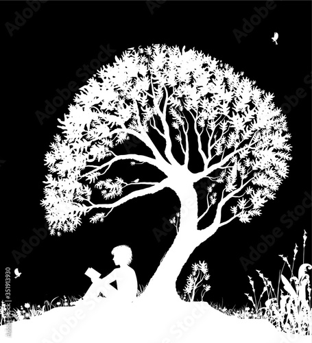 best place to read concept, boy reading under the big tree, park scene in black and white, childhood memories, shadow story, (ID: 351913930)