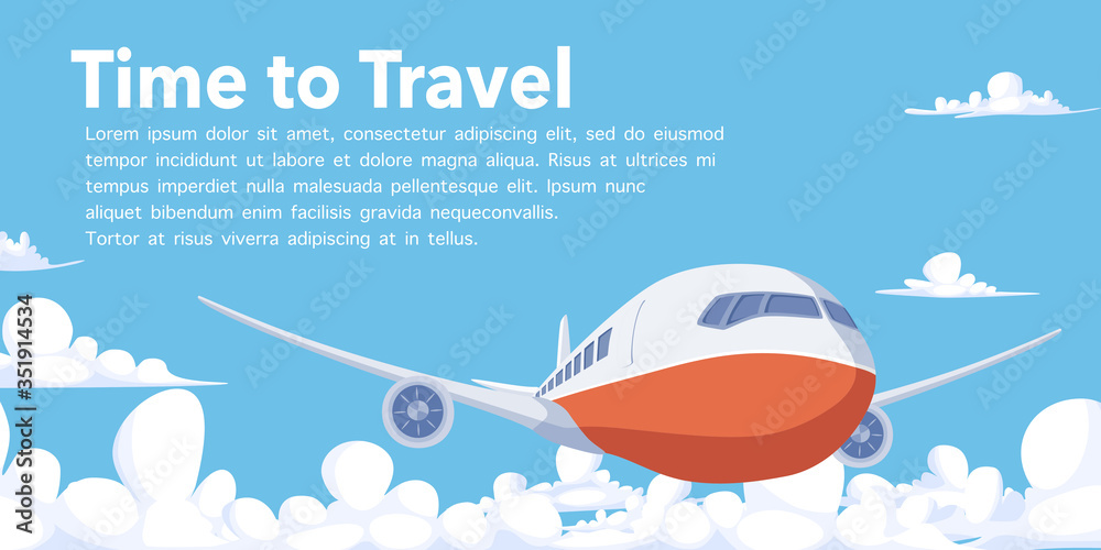 Vector and illustration of airplane flying through clouds in the blue sky, aircraft flight in flat cartoon style. time to travel concept.