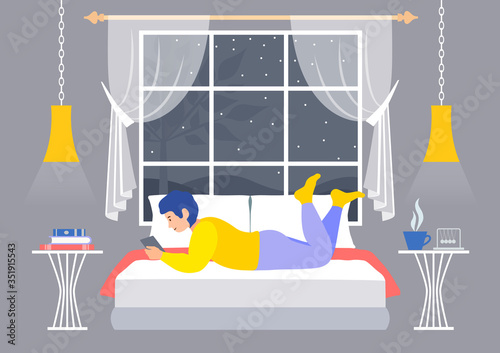 Ideas for activity on self-isolation and quarantine. The woman in the room on the bed is looking at the tablet. Things you can do at home. Vector flat. Work and study online. Ways to relax at home.