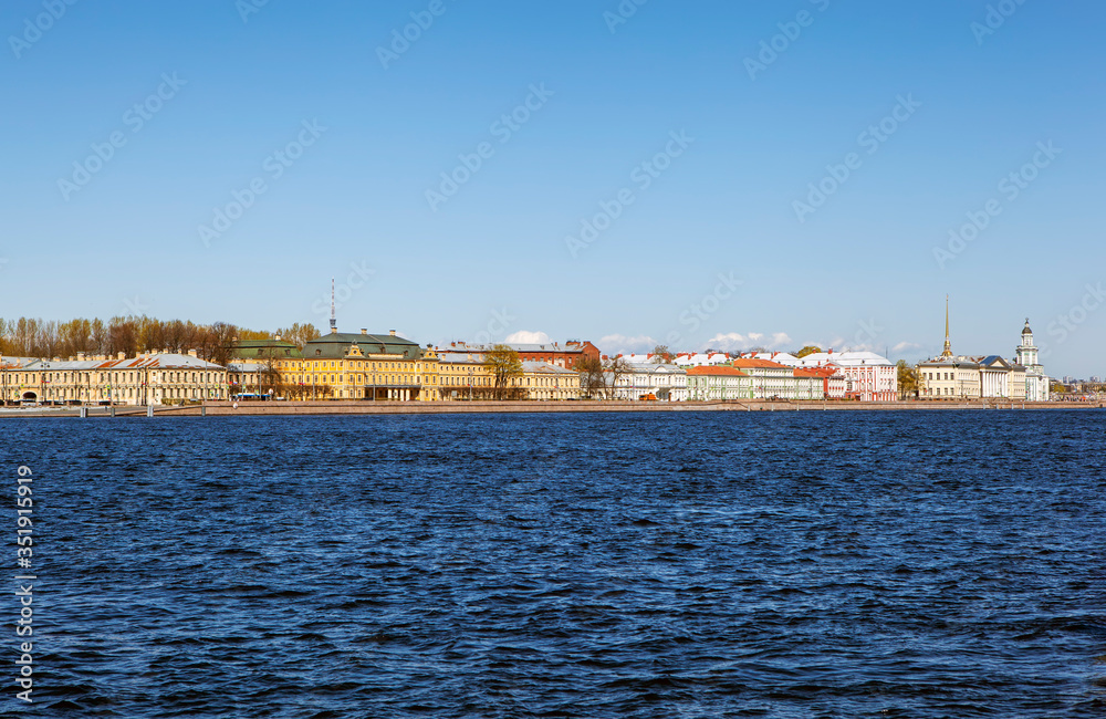 View of the Menshikov Palace, St. Petersburg State University, the building of the Academy of Sciences, the Kunstkamera, the arrow of Vasilyevsky Island and the Peter and Paul Fortress. St. Petersburg