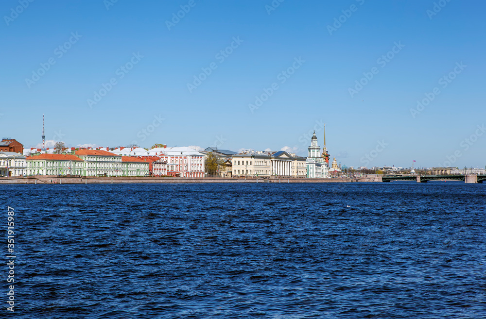 View of the Kunstkamera, the arrow of Vasilyevsky Island and the Peter and Paul Fortress. St. Petersburg. Russia