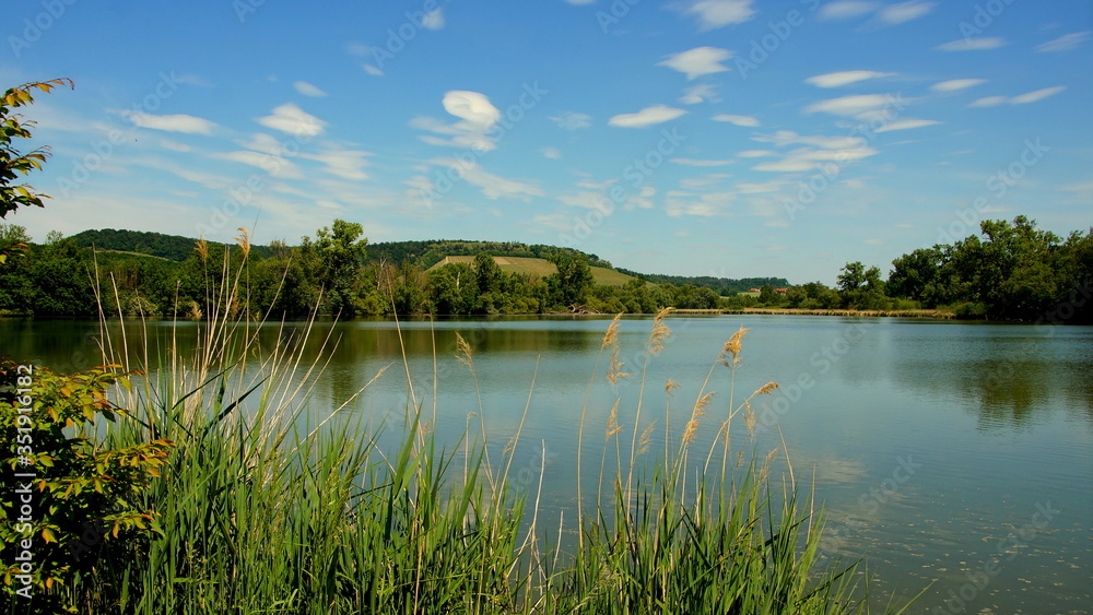 idyllisches Naturschutzgebiet des Aalkistensees mit Schilf beim Kloster Maulbronn