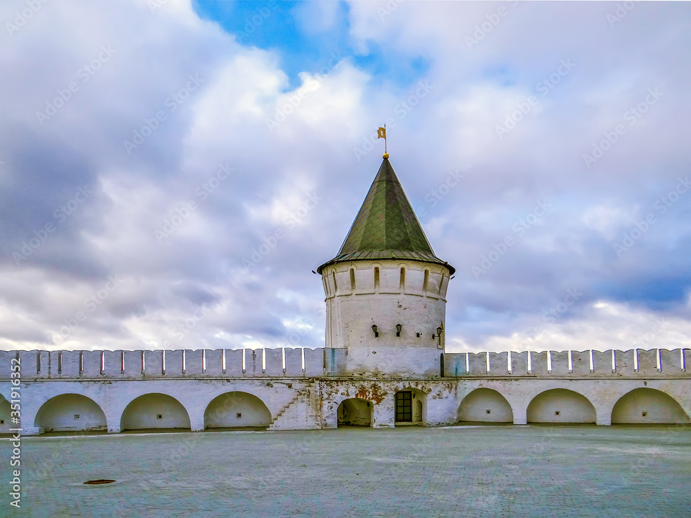 The fortress wall and the south round tower. The ensemble of the Kremlin. Tobolsk. Tyumen region. Russia