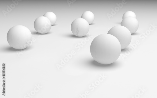 White abstract background. Set of white balls isolated on white backdrop. 3D illustration