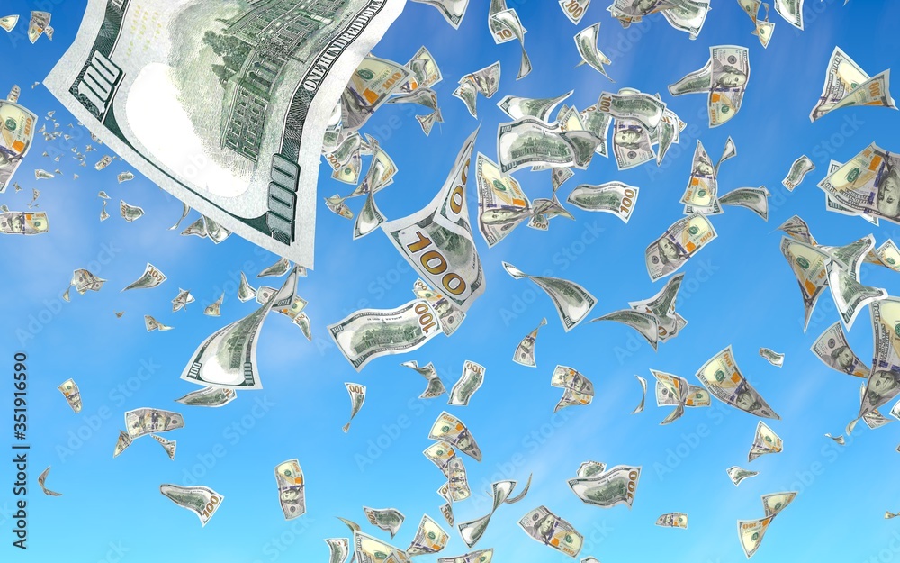 Obraz premium Flying dollars banknotes against the sky background. Money is flying in the air. 100 US banknotes new sample. 3D illustration
