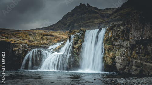 Panorama sunset at the Kirkjufell in Iceland