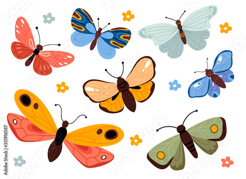 Set of colorful butterflies. Summer mood.Cartoon insects collection with colorful flying butterflies .Illustration for children's book.Perfect for greetings, cards, posters, congratulations or store.