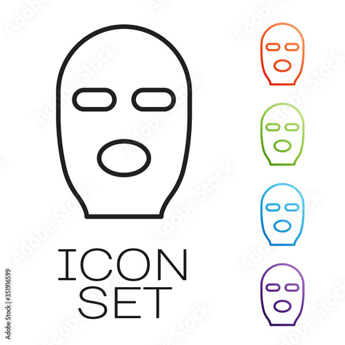 Black line Thief mask icon isolated on white background. Bandit mask, criminal man. Set icons colorful. Vector