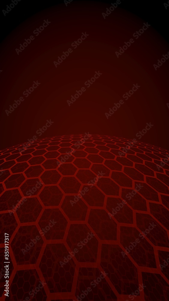 Multilayer sphere of honeycombs, red on a dark background, social network, computer network, technology, global network. 3D illustration