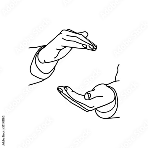 Protection and supporting hand icon line on an isolated white background. EPS 10 vector.