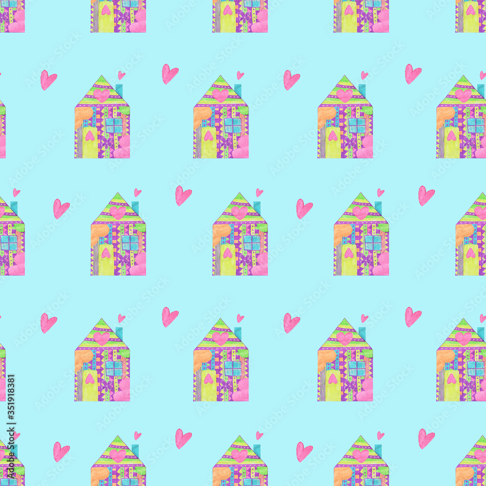 Colorful houses seamless pattern in childish style. Print for kids fashion, apparel, wallpaper, wrapping, textile