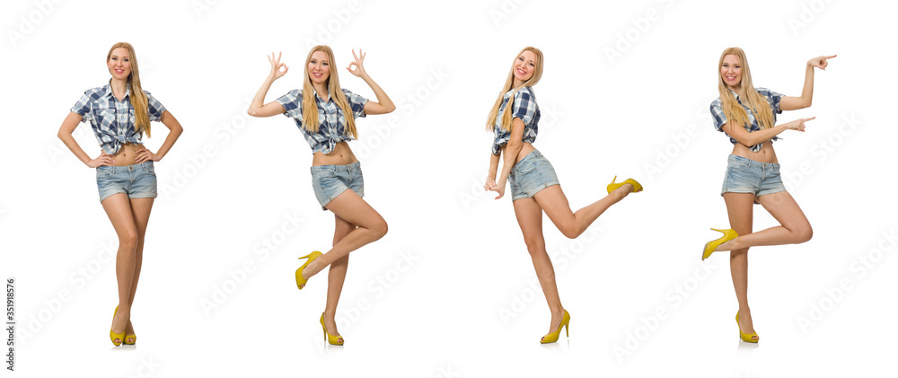 Pretty woman in jeans shorts isolated on white