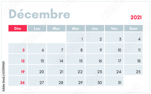 Calendrier de Decembre 2021 (December 2021 calendar in french) vector illustration for prints, templates and banners.