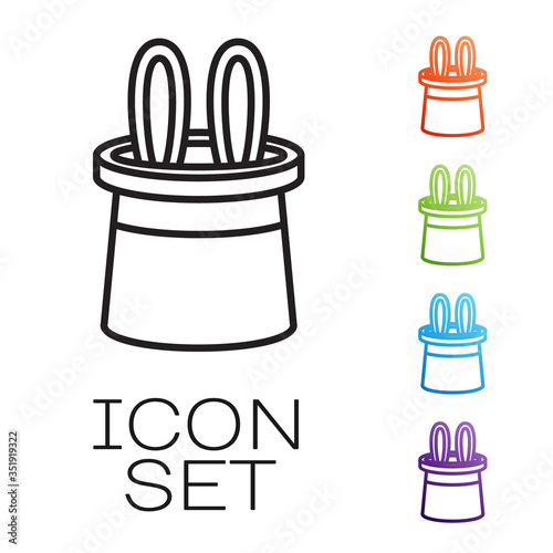 Black line Magician hat and rabbit ears icon isolated on white background. Magic trick. Mystery entertainment concept. Set icons colorful. Vector