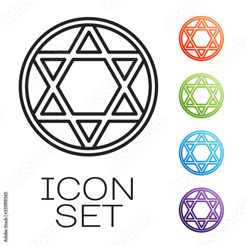 Black line Star of David icon isolated on white background. Jewish religion symbol. Symbol of Israel. Set icons colorful. Vector