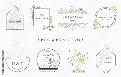 flower logo collection with leaves,geometric,circle,square frame.Vector illustration for icon,logo,sticker,printable and tattoo