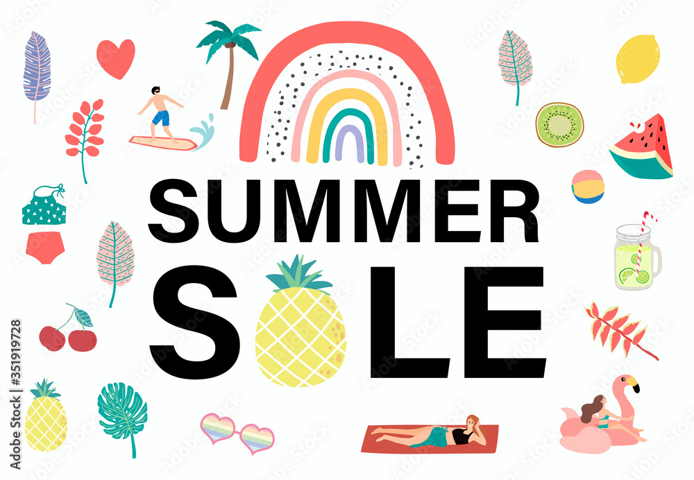 Collection of summer background set with people,watermelon,beach,coconut tree.Editable vector illustration for invitation,postcard and website banner.Summer sale