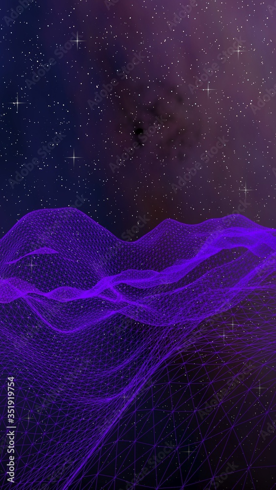 Fototapeta premium Abstract ultraviolet landscape on a dark background. Purple cyberspace grid. hi tech network. Outer space. Violet starry outer space texture. 3D illustration