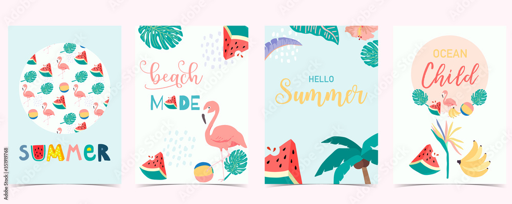 Collection of summer background set with palm,flower,flamingo.Editable vector illustration for invitation,postcard and website banner