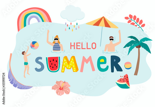 Collection of summer background set with people,watermelon,beach,coconut tree.Editable vector illustration for invitation,postcard and website banner.Hello summer