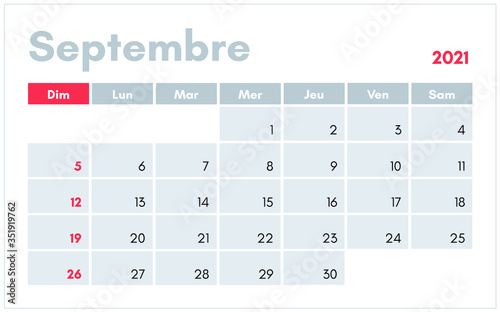 Calendrier de Septembre 2021 (September 2021 calendar in french) vector illustration for prints, templates and banners.