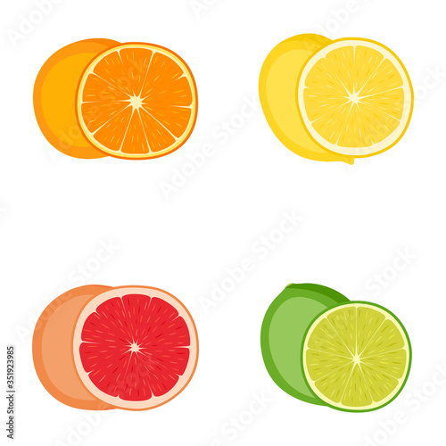 Set of citrus fruits (orange, lemon, grapefruit, lime), vector illustration