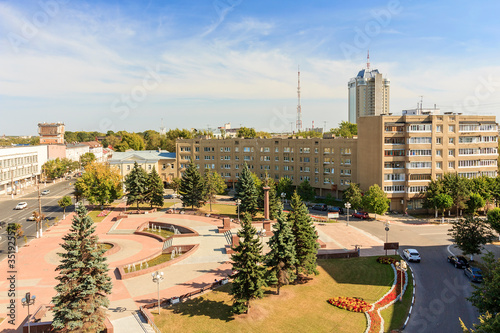 Pushkin Square and Sovetskaya in Tver. It is city and administrative centre of Tver Oblast, Russia. It is situated at confluence of Volga and Tvertsa Rivers. The city was known as Kalinin. View above. photo