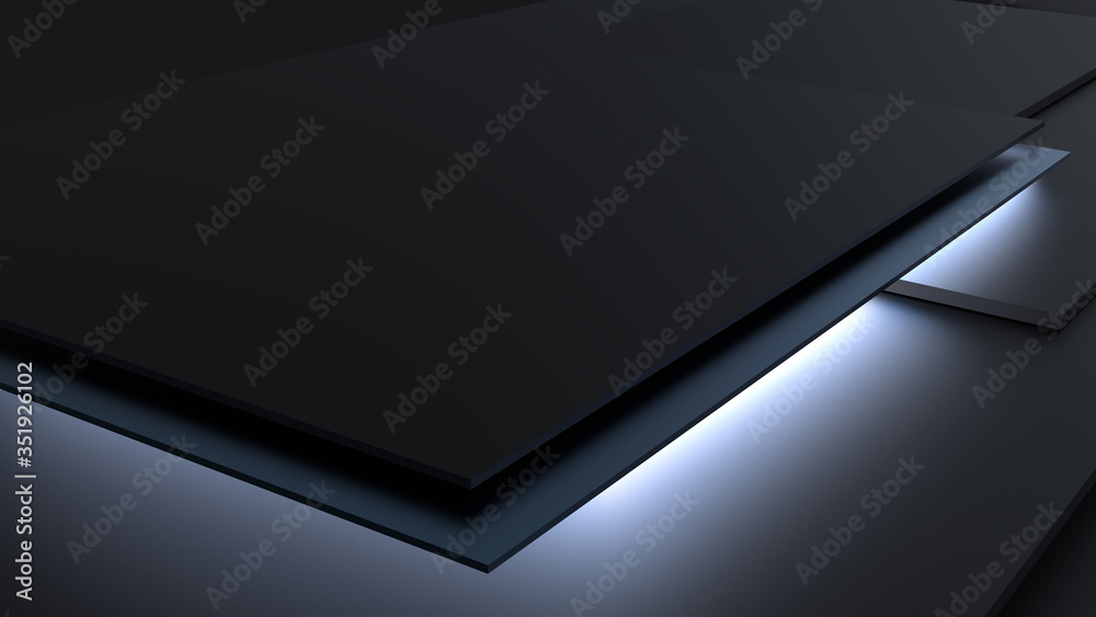 3D Illustration of stylish rectangular planes in cool dark colors with metal application lighted from below