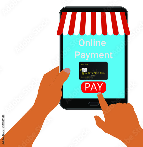 Concept online pay bank card in online store. Hands holding tablet with payment window on a screen. Stock vector illustration on a white isolated background.