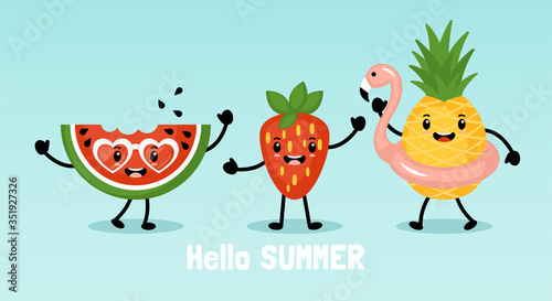 Summer banner design with cute funny pineapple, watermelon and strawberry characters. Flat style cartoon vector illustration