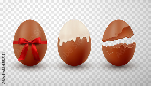 Chocolate eggs, tied with ribbon, covered white glaze, cracked set in realistic style. Easter symbol.