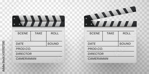 White movie clappers realistic icon set. Clapboards open and closed.
