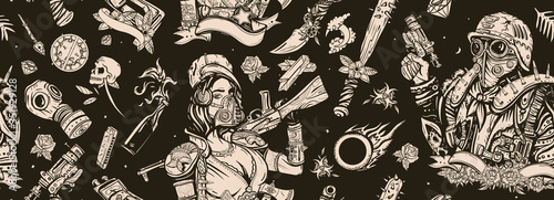 Post apocalypse. Dark seamless pattern. People, weapon of dark future. Nuclear war background. Doomsday girl and gun, end of world. Post apocalyptic man warrior, soldier woman